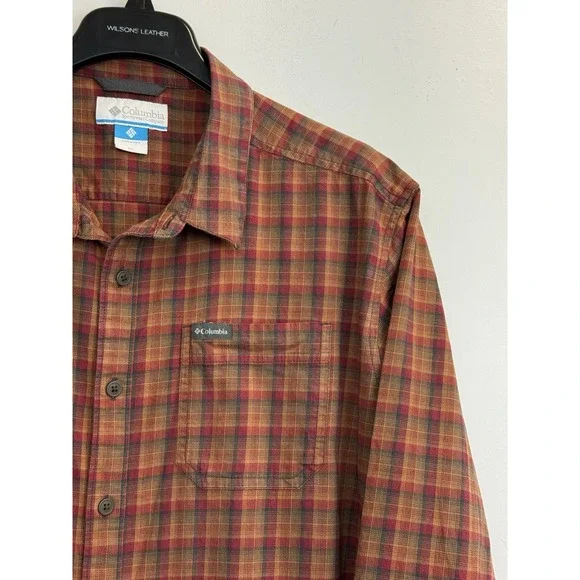 Columbia Men's XL Cornell Woods Flannel Shirt Orange Plaid Cotton Stretch - Picture 3 of 6